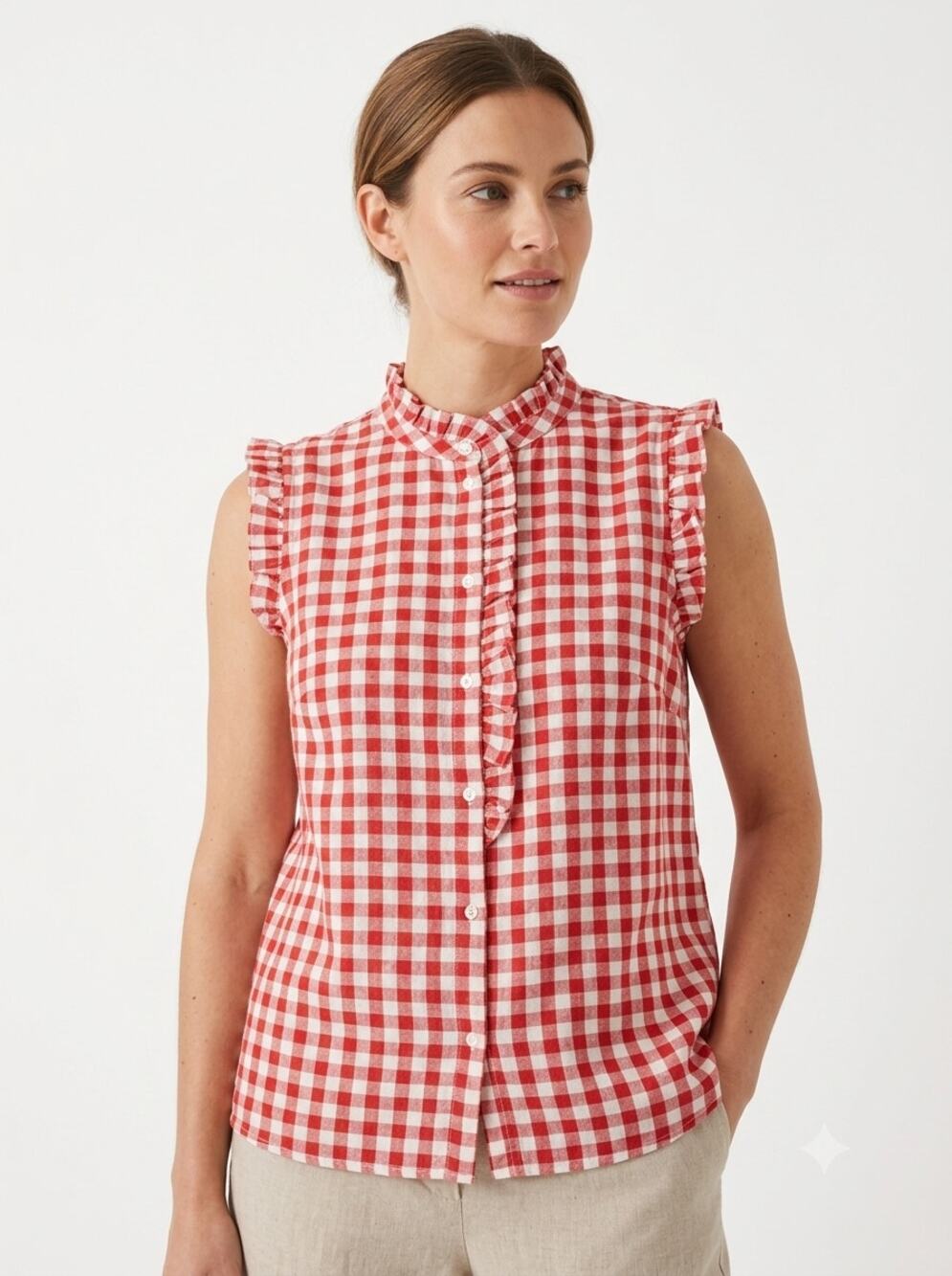 NWT Boden Isabel Sleeveless Linen Button Up Top Women's US 12 Burnt Red Gingham